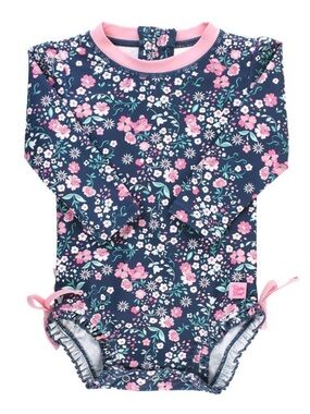 Ruffle Butts Navy Floral One-Piece Swimsuit with Pink Trim